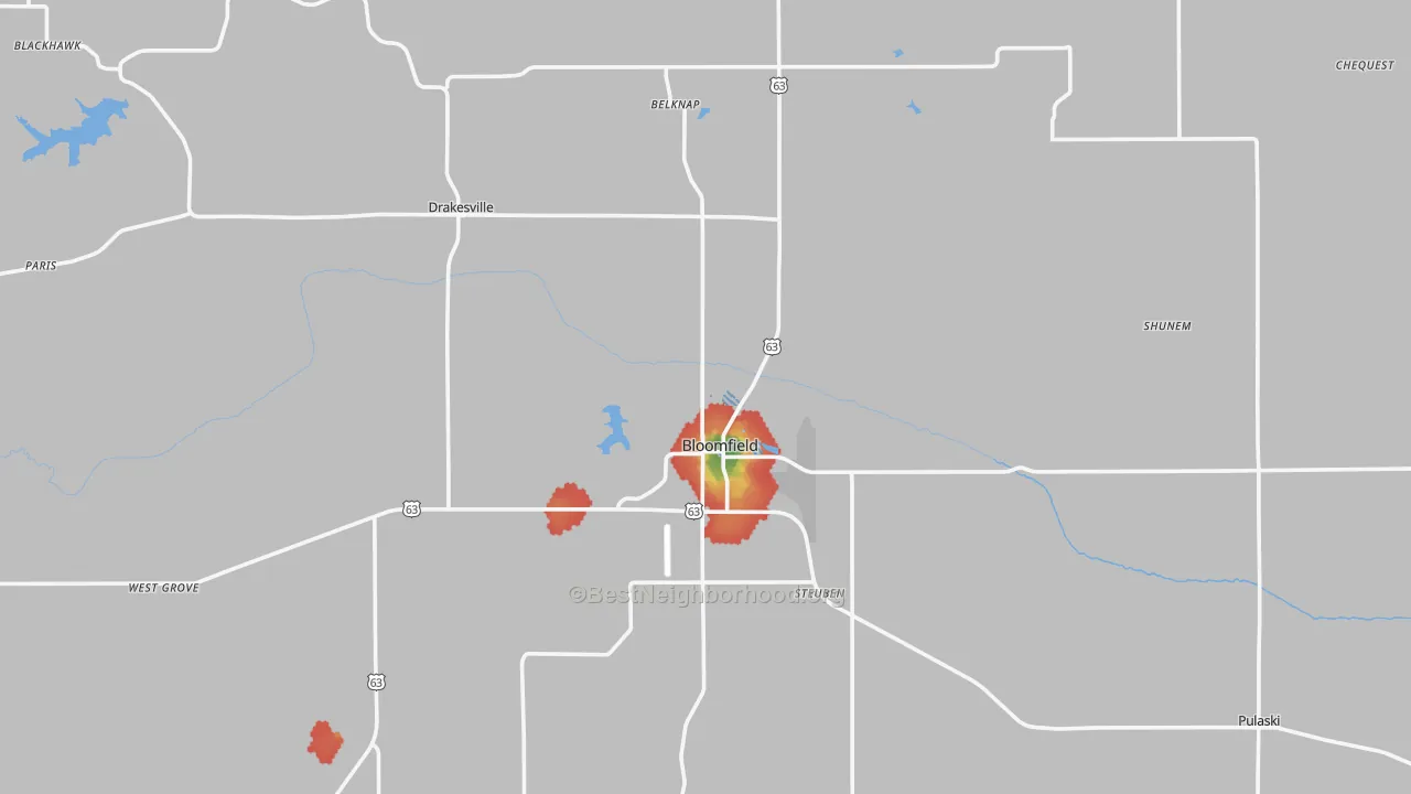 Walk Grade map of Davis County, IA, walkable areas in green and car-dependent areas in red