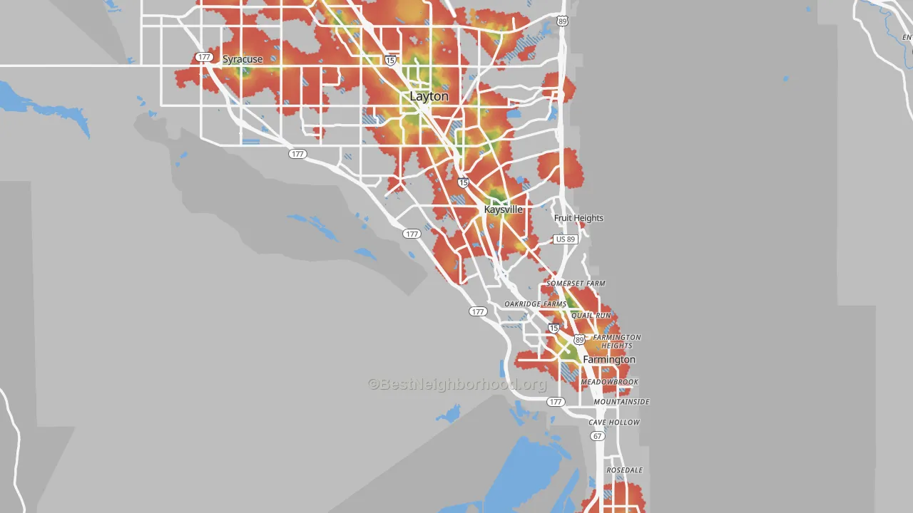 Walk Grade map of Davis County, UT, walkable areas in green and car-dependent areas in red