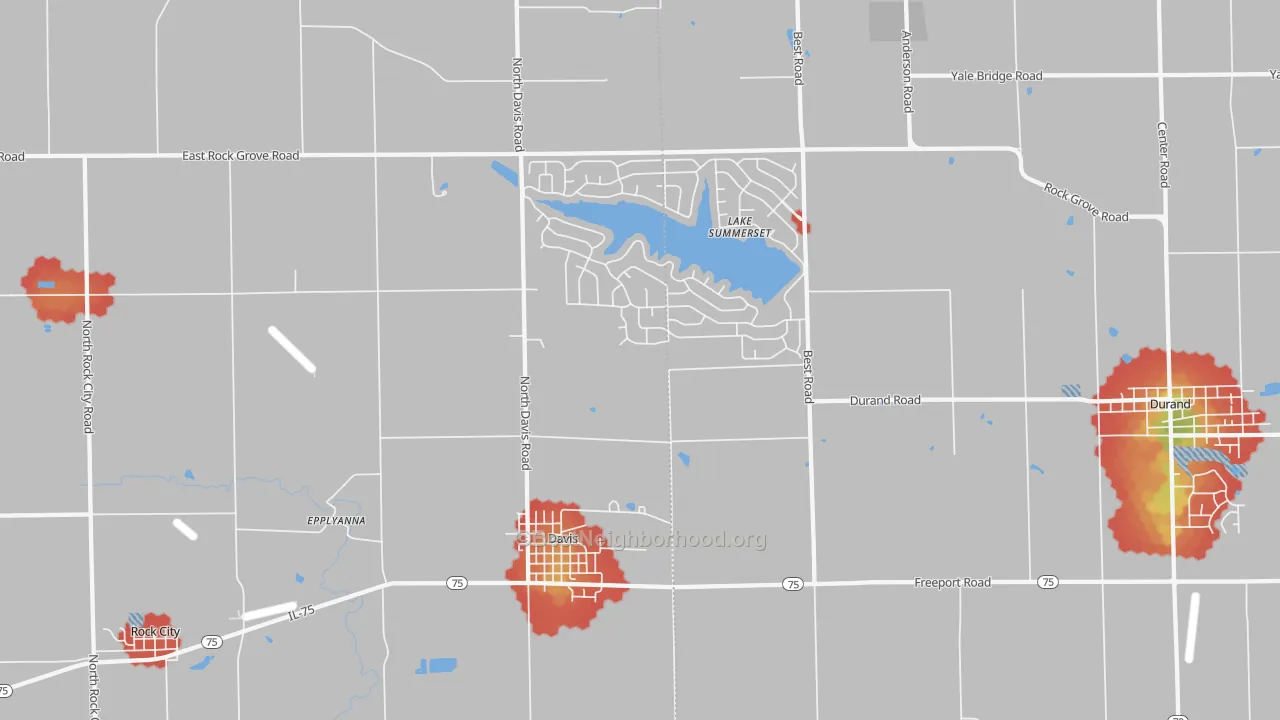 Walk Grade map of Davis, IL, walkable areas in green and car-dependent areas in red