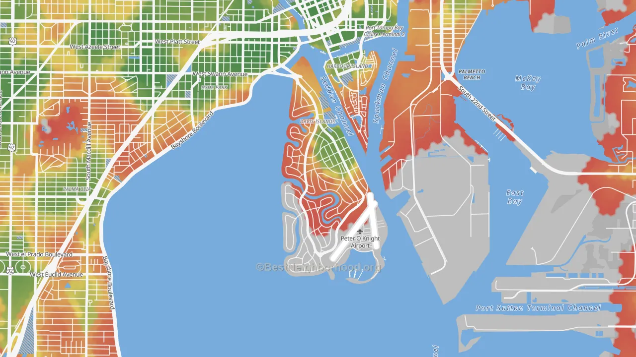 Walk Grade map of Davis Island, Tampa, FL, walkable areas in green and car-dependent areas in red