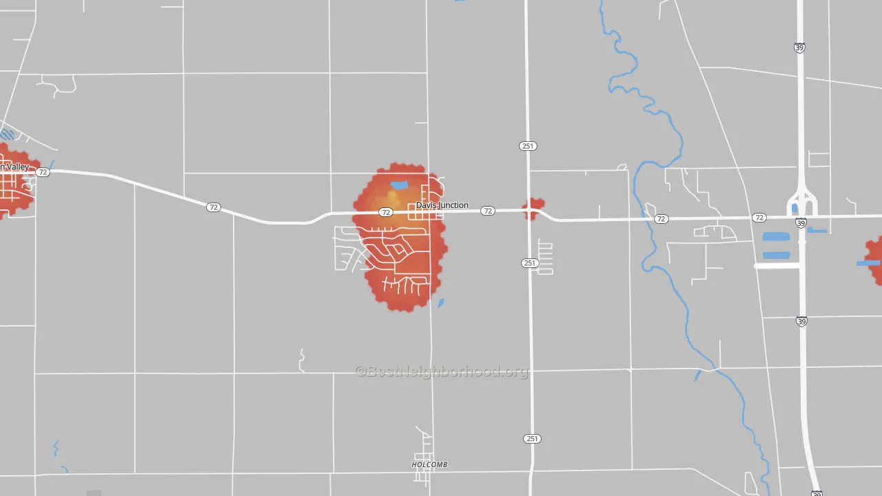Walk Grade map of Davis Junction, IL, walkable areas in green and car-dependent areas in red