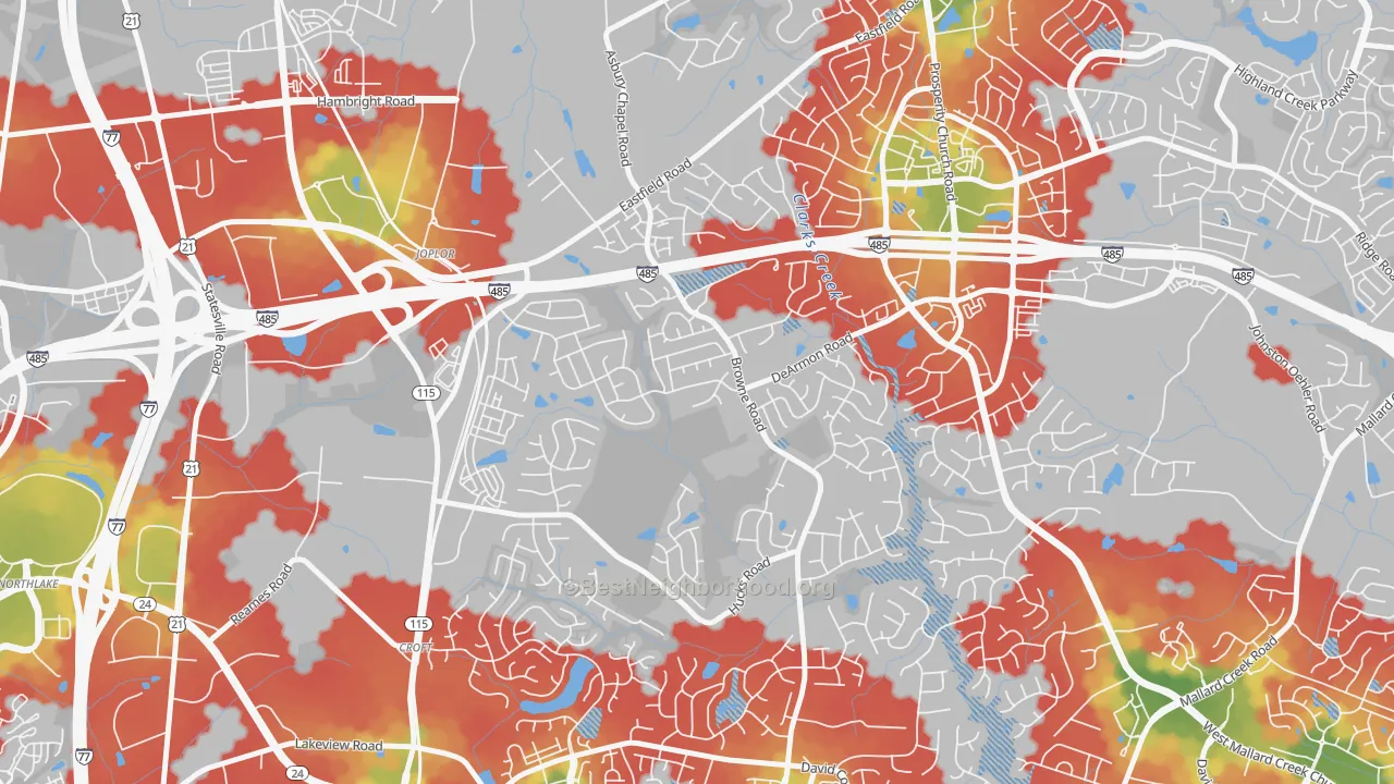 Walk Grade map of Davis Lake-Eastfield, Charlotte, NC, walkable areas in green and car-dependent areas in red