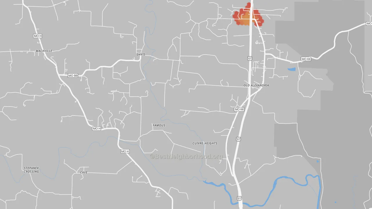 Walk Grade map of Davis, MO, walkable areas in green and car-dependent areas in red
