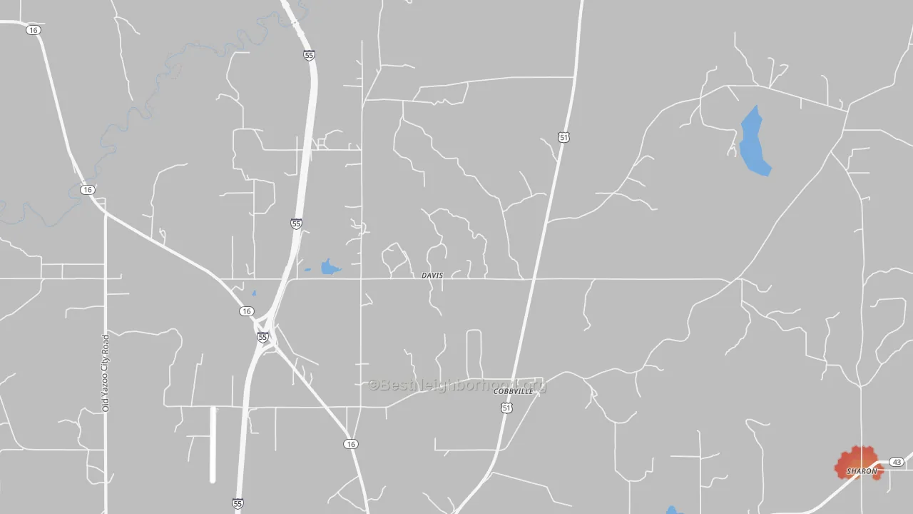 Walk Grade map of Davis, MS, walkable areas in green and car-dependent areas in red