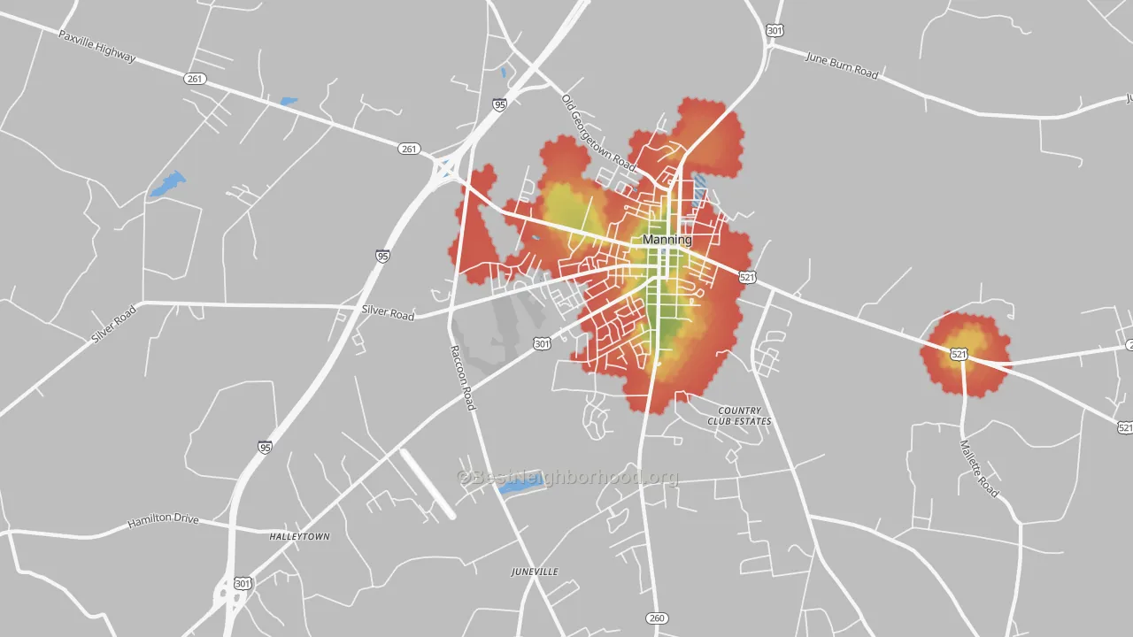 Walk Grade map of Davis Station, SC, walkable areas in green and car-dependent areas in red