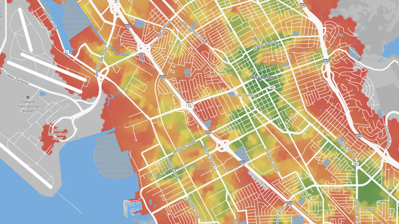 Walk Grade map of Davis Tract, San Leandro, CA, walkable areas in green and car-dependent areas in red
