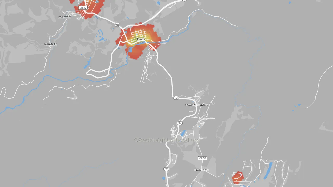Walk Grade map of Davis, WV, walkable areas in green and car-dependent areas in red