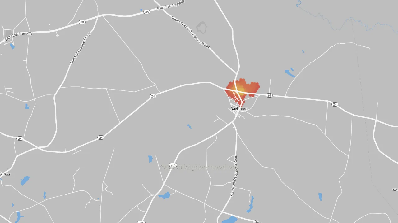 Walk Grade map of Davisboro, GA, walkable areas in green and car-dependent areas in red