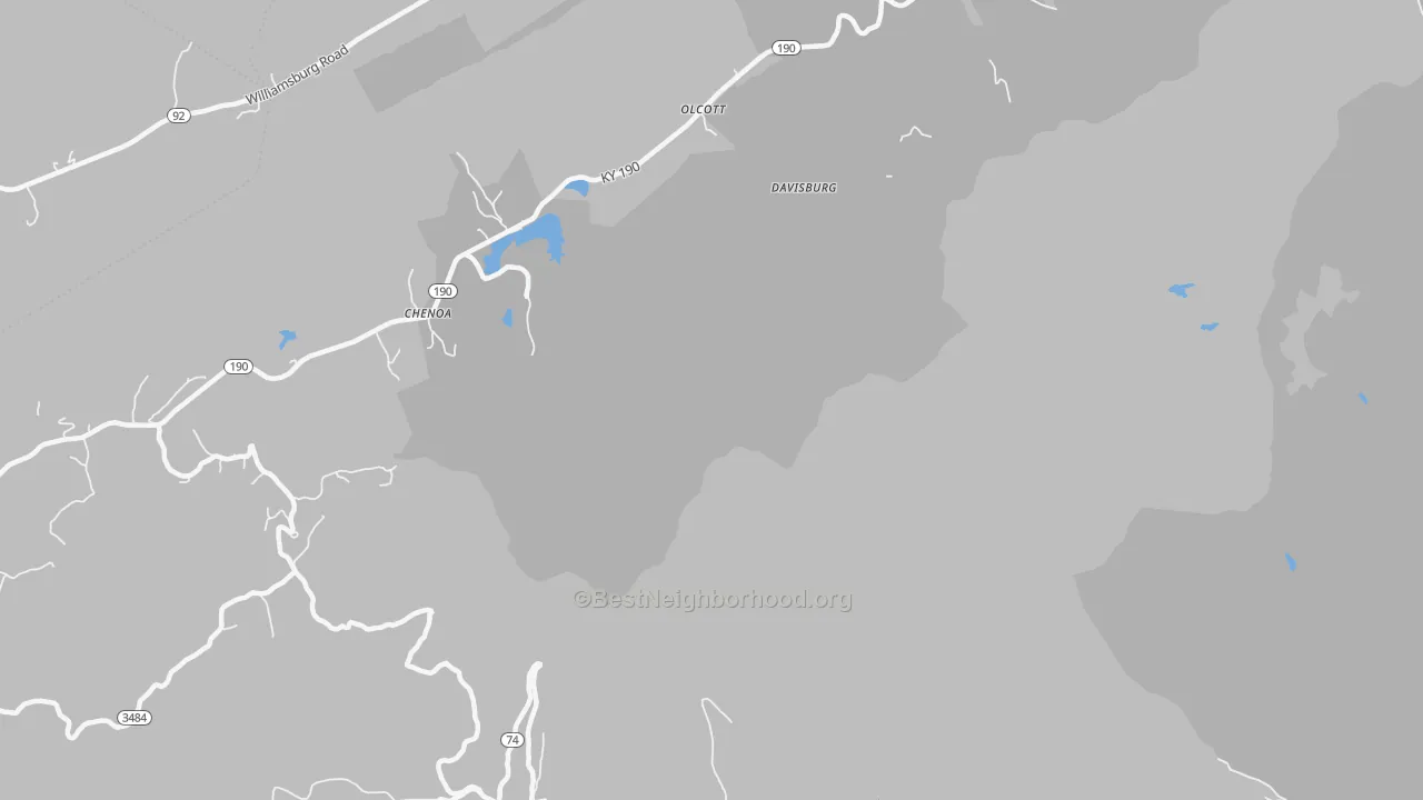 Walk Grade map of Davisburg, KY, walkable areas in green and car-dependent areas in red
