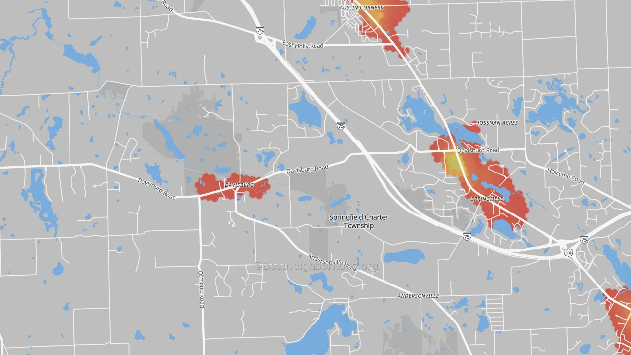 Walk Grade map of Davisburg, MI, walkable areas in green and car-dependent areas in red