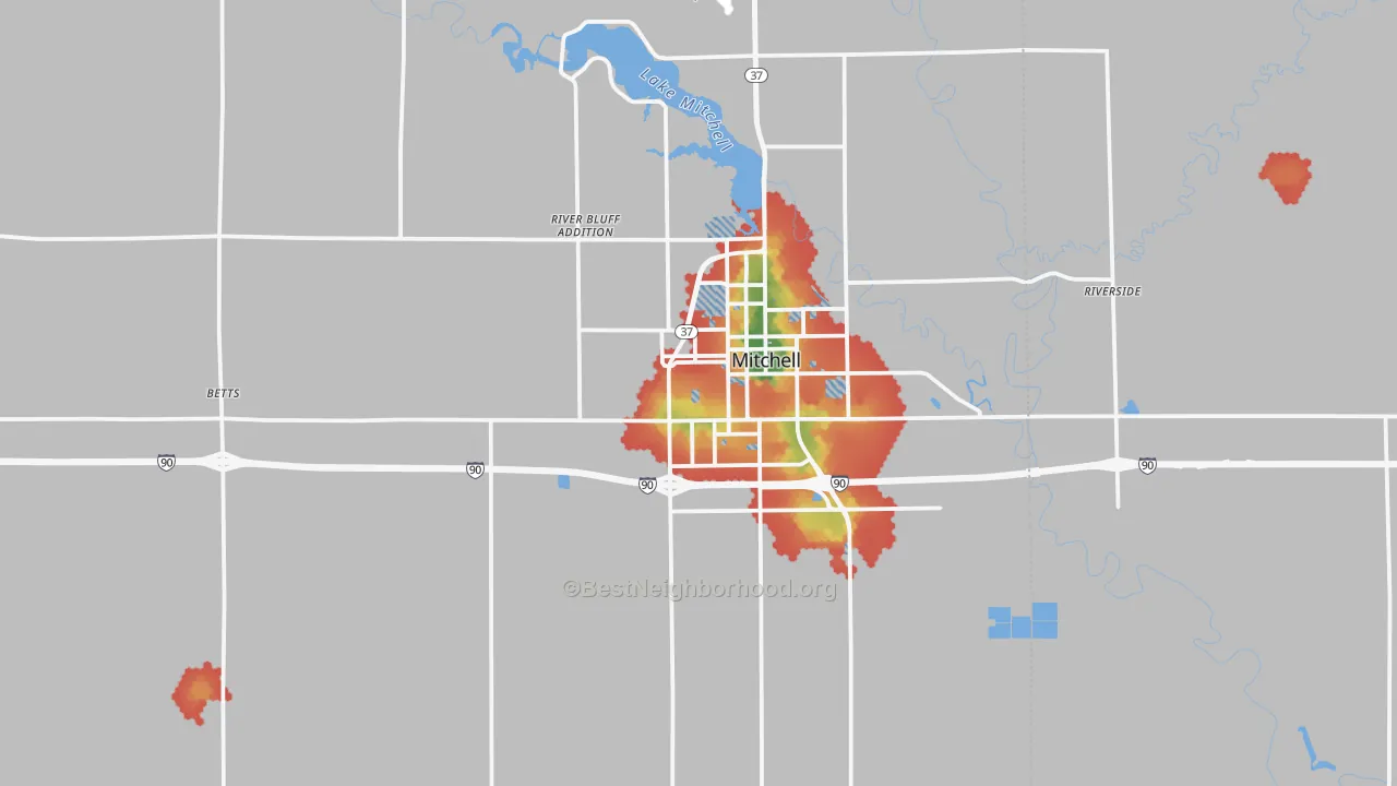 Walk Grade map of Davison County, SD, walkable areas in green and car-dependent areas in red