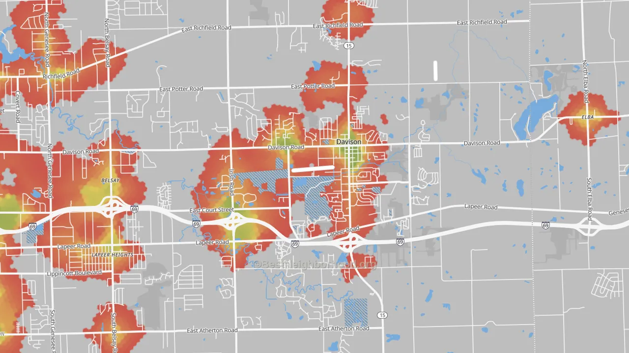 Walk Grade map of Davison, MI, walkable areas in green and car-dependent areas in red