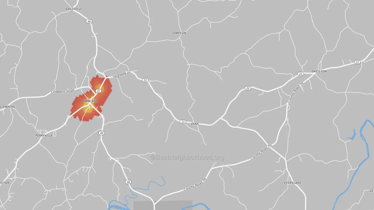 Walk Grade map of Daviston, AL, walkable areas in green and car-dependent areas in red