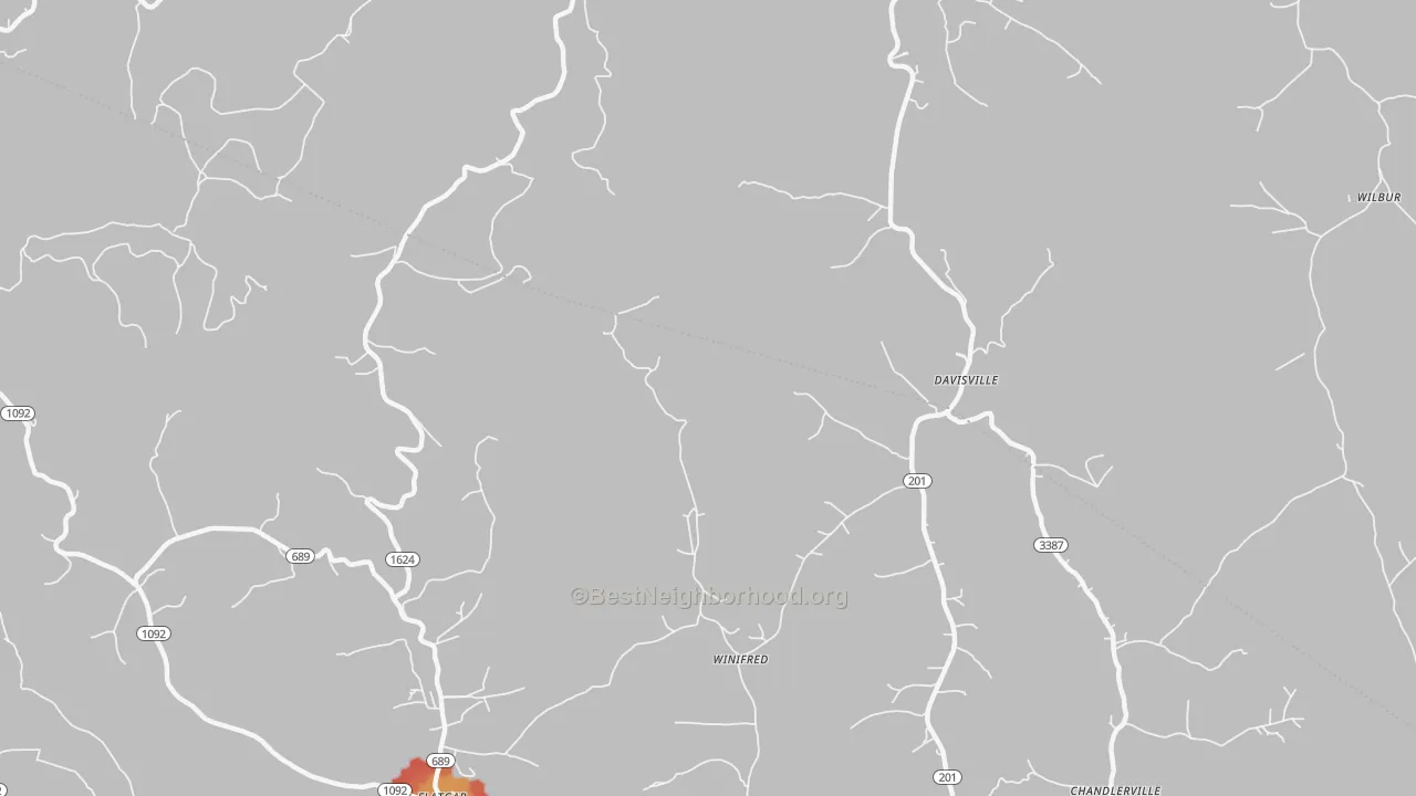 Walk Grade map of Davisville, KY, walkable areas in green and car-dependent areas in red