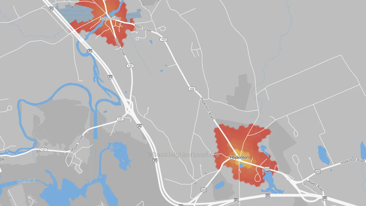 Walk Grade map of Davisville, NH, walkable areas in green and car-dependent areas in red