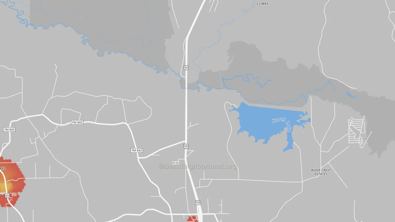 Walk Grade map of Davisville, TX, walkable areas in green and car-dependent areas in red