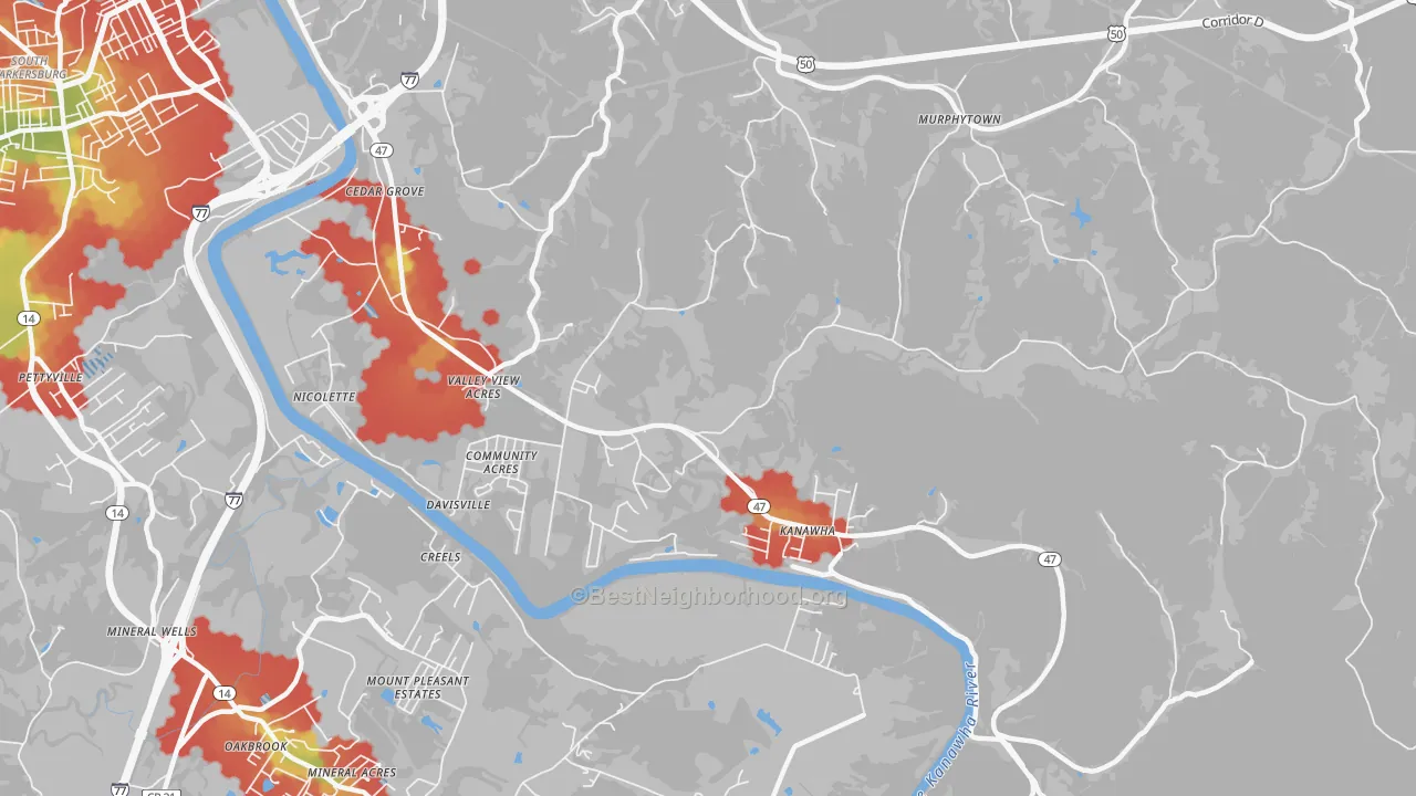 Walk Grade map of Davisville, WV, walkable areas in green and car-dependent areas in red