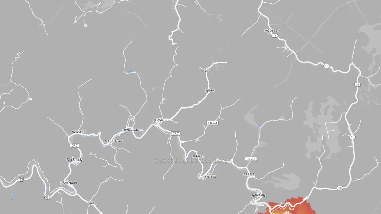 Walk Grade map of Davy, WV, walkable areas in green and car-dependent areas in red