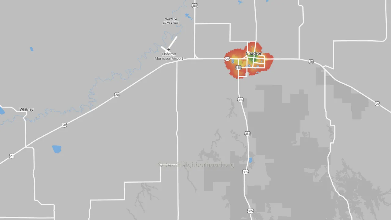 Walk Grade map of Dawes County, NE, walkable areas in green and car-dependent areas in red
