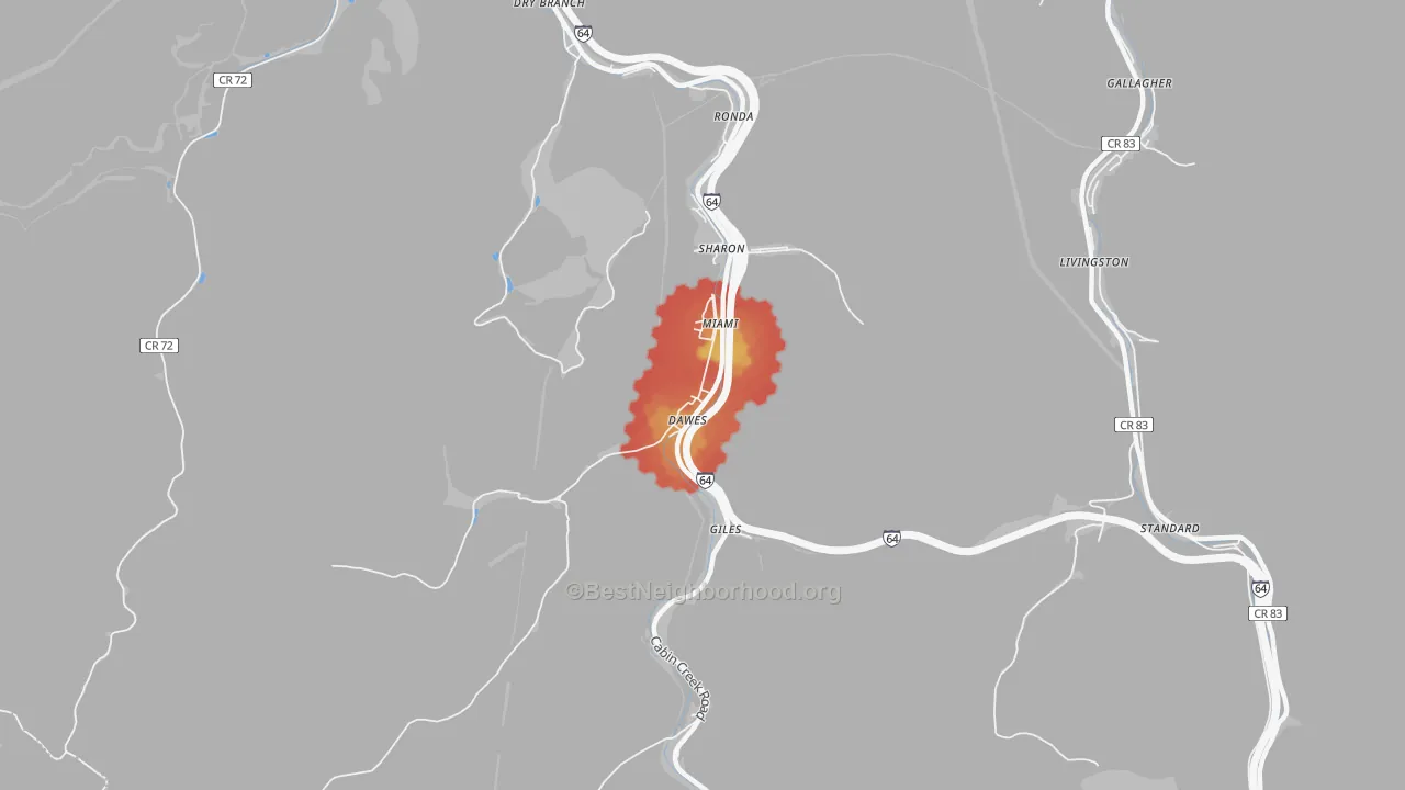 Walk Grade map of Dawes, WV, walkable areas in green and car-dependent areas in red