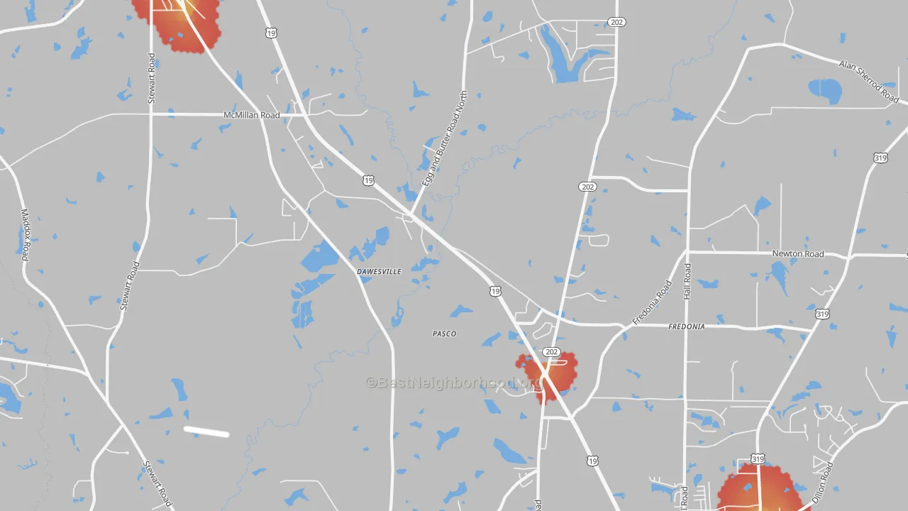 Walk Grade map of Dawesville, GA, walkable areas in green and car-dependent areas in red