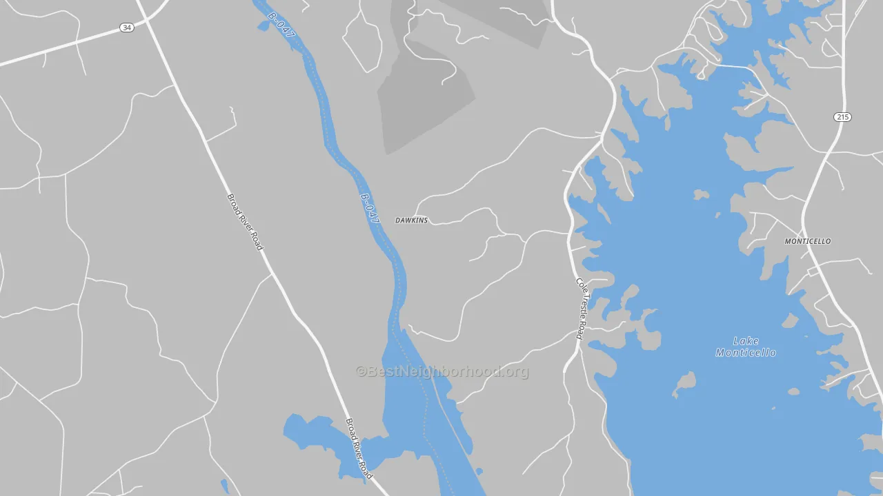 Walk Grade map of Dawkins, SC, walkable areas in green and car-dependent areas in red