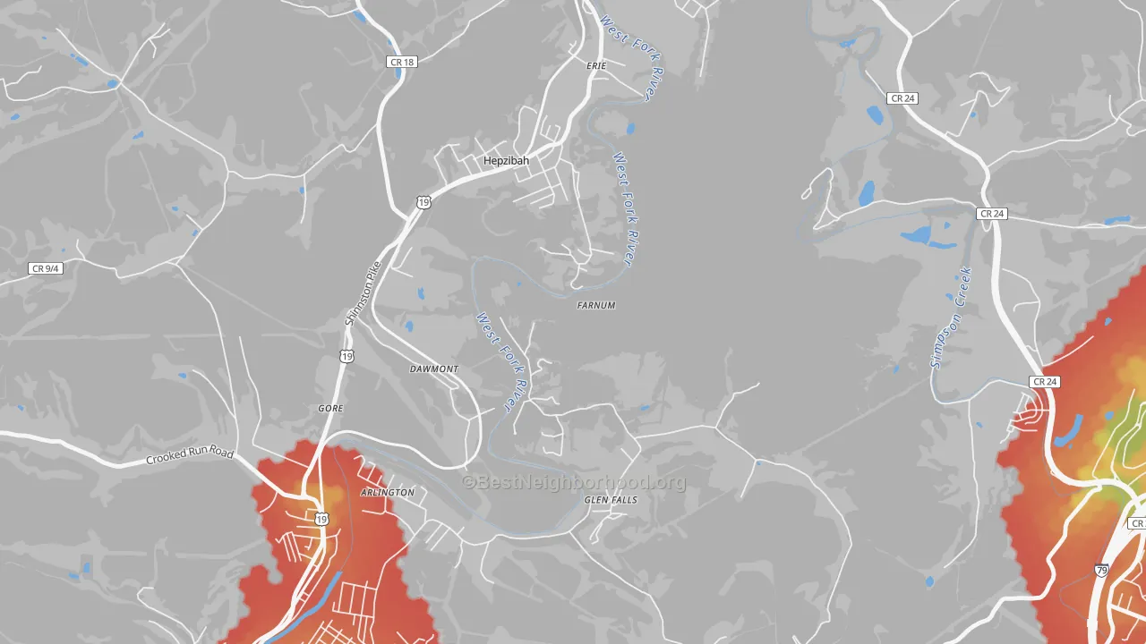 Walk Grade map of Dawmont, WV, walkable areas in green and car-dependent areas in red