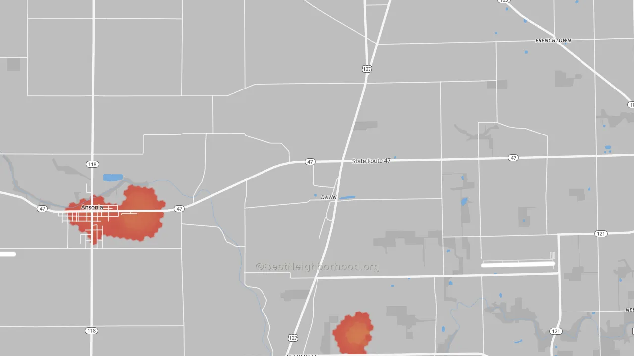 Walk Grade map of Dawn, OH, walkable areas in green and car-dependent areas in red