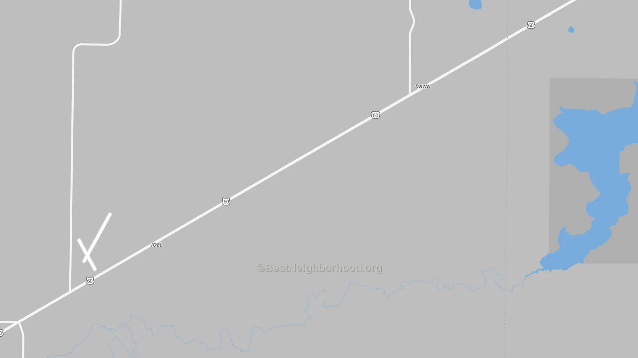 Walk Grade map of Dawn, TX, walkable areas in green and car-dependent areas in red