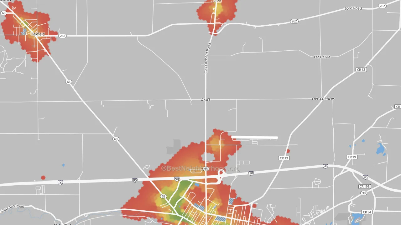 Walk Grade map of Daws, NY, walkable areas in green and car-dependent areas in red
