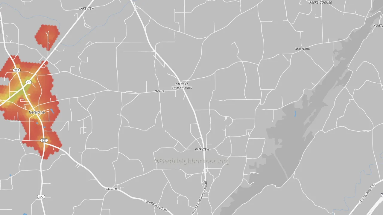 Walk Grade map of Dawson, AL, walkable areas in green and car-dependent areas in red