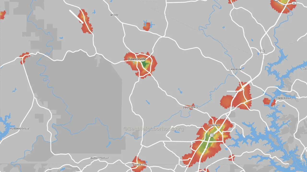 Walk Grade map of Dawson County, GA, walkable areas in green and car-dependent areas in red