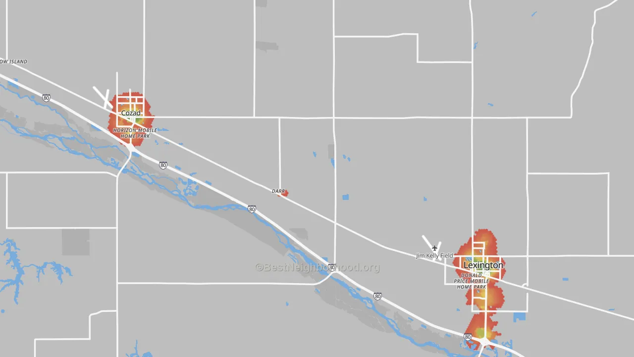 Walk Grade map of Dawson County, NE, walkable areas in green and car-dependent areas in red