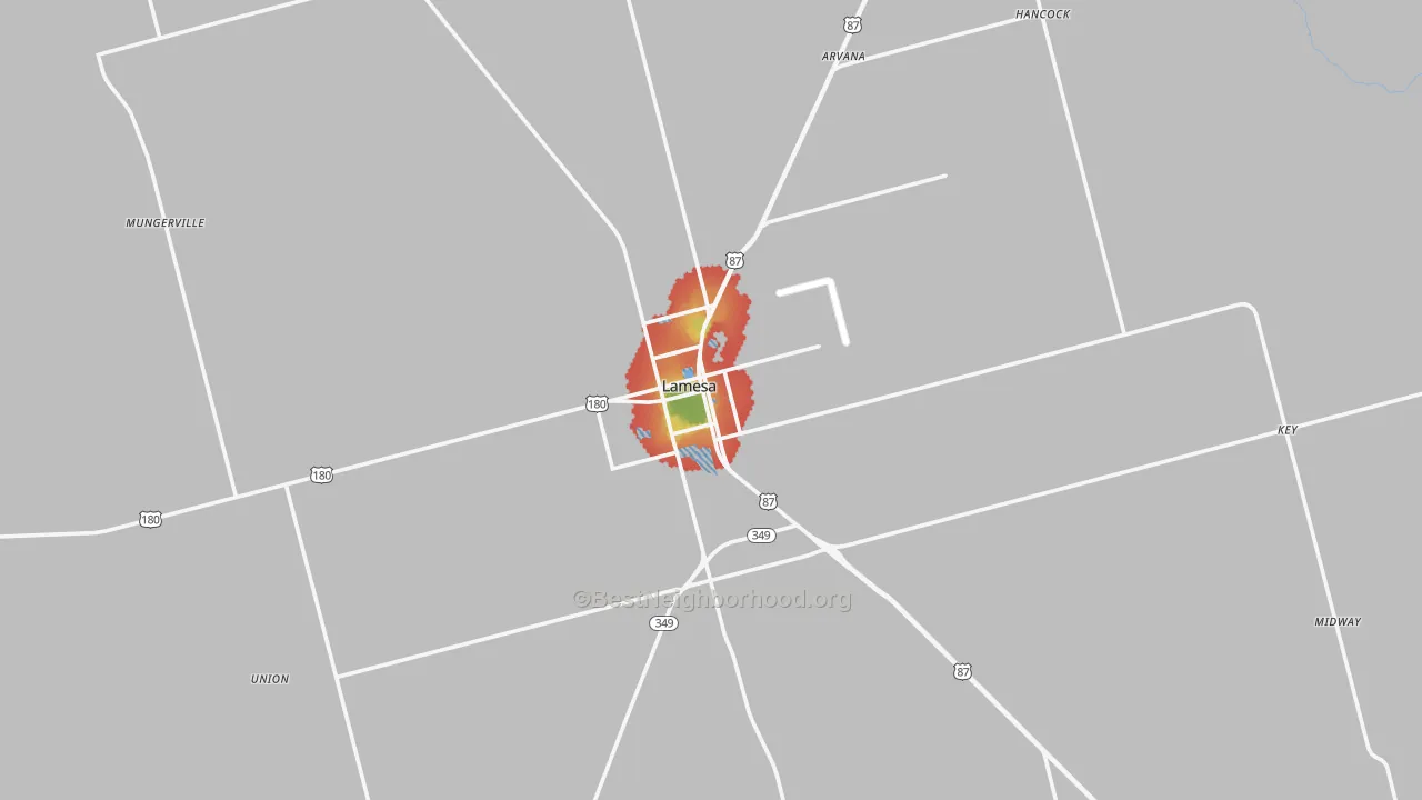 Walk Grade map of Dawson County, TX, walkable areas in green and car-dependent areas in red