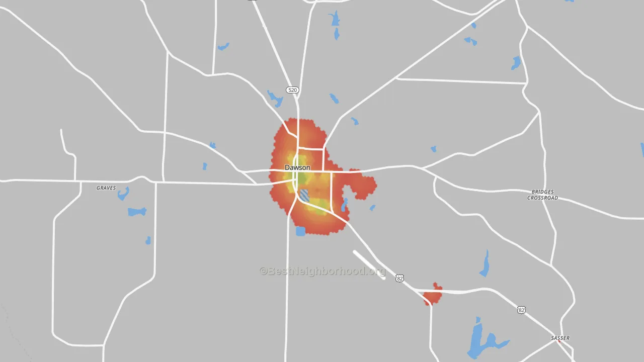 Walk Grade map of Dawson, GA, walkable areas in green and car-dependent areas in red