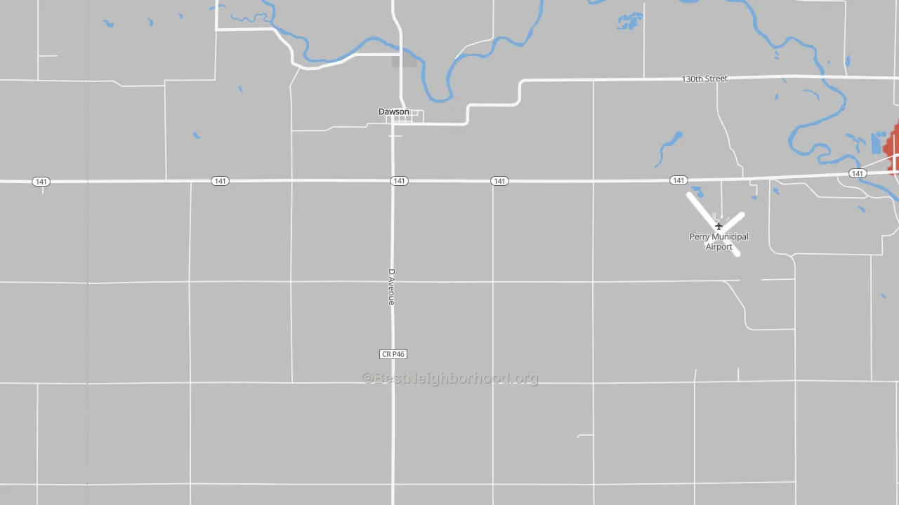 Walk Grade map of Dawson, IA, walkable areas in green and car-dependent areas in red
