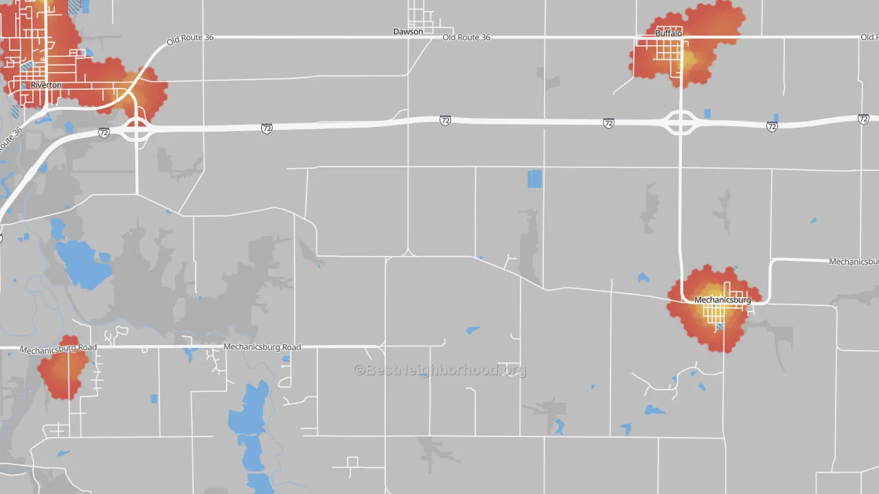 Walk Grade map of Dawson, IL, walkable areas in green and car-dependent areas in red