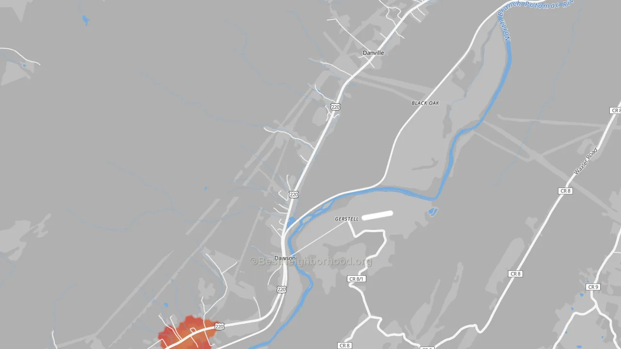 Walk Grade map of Dawson, MD, walkable areas in green and car-dependent areas in red