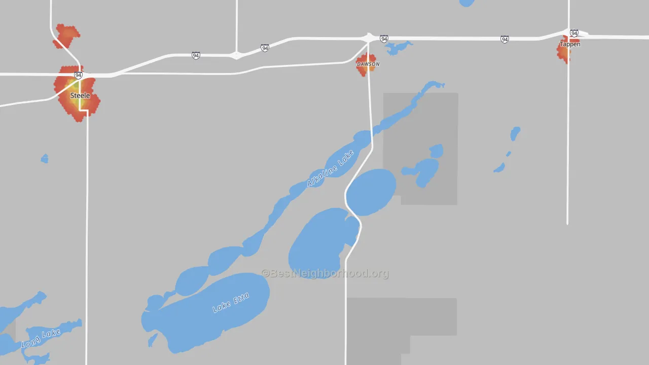 Walk Grade map of Dawson, ND, walkable areas in green and car-dependent areas in red