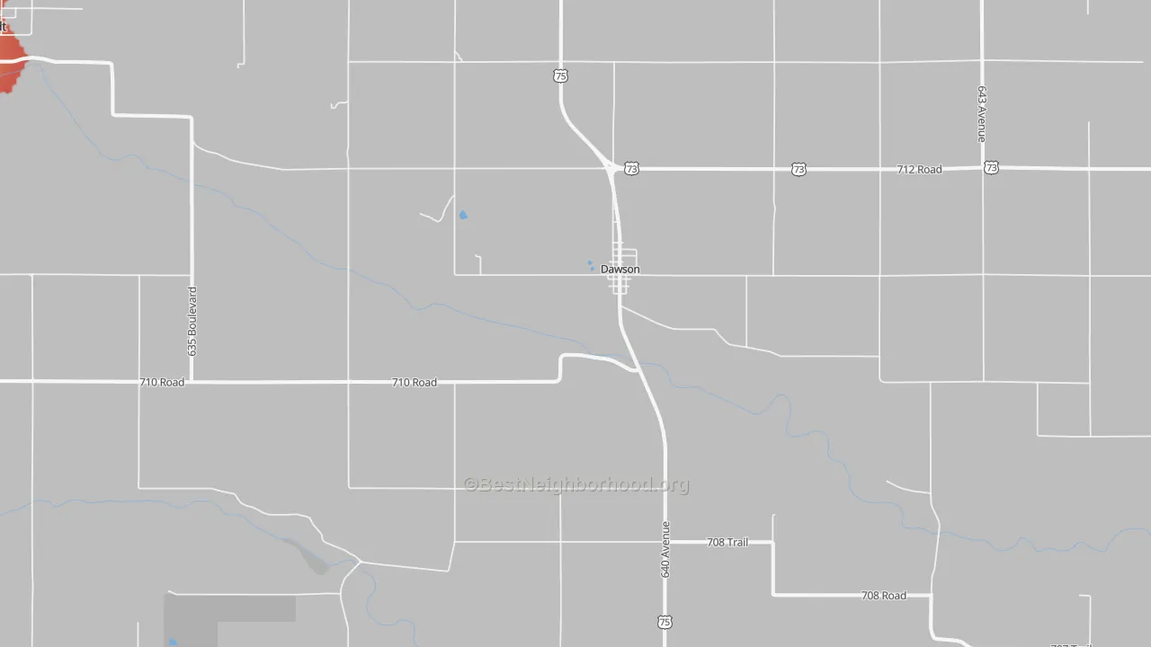 Walk Grade map of Dawson, NE, walkable areas in green and car-dependent areas in red