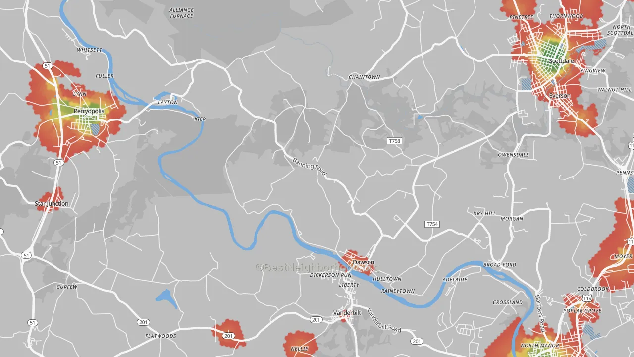Walk Grade map of Dawson, PA, walkable areas in green and car-dependent areas in red