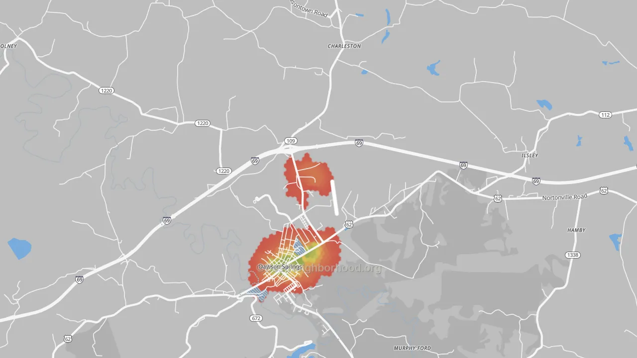 Walk Grade map of Dawson Springs, KY, walkable areas in green and car-dependent areas in red