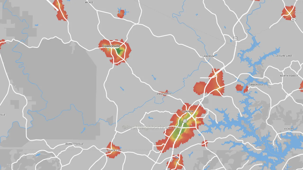 Walk Grade map of Dawsonville, GA, walkable areas in green and car-dependent areas in red