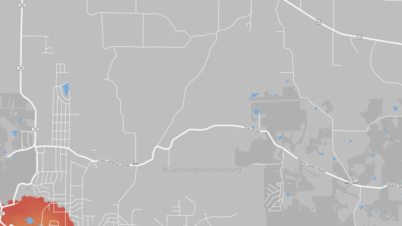 Walk Grade map of Day, AR, walkable areas in green and car-dependent areas in red
