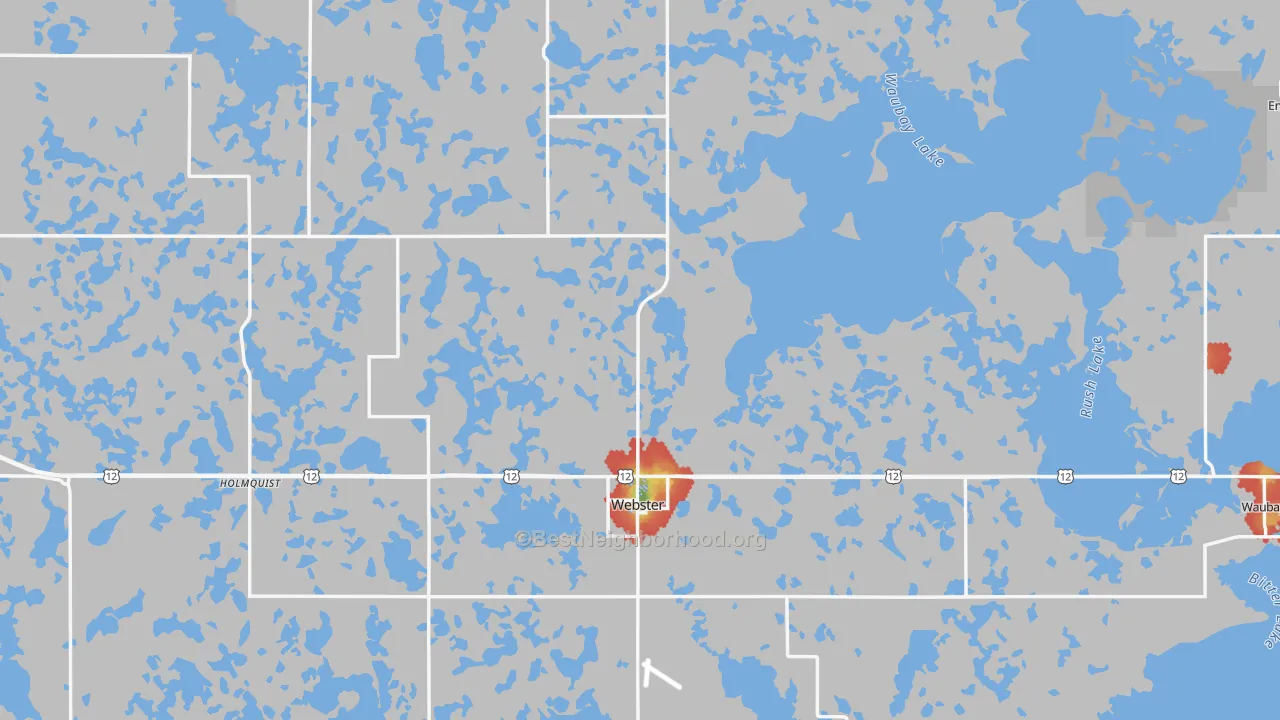 Walk Grade map of Day County, SD, walkable areas in green and car-dependent areas in red