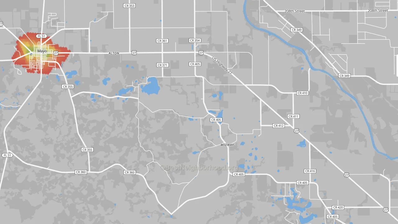 Walk Grade map of Day, FL, walkable areas in green and car-dependent areas in red
