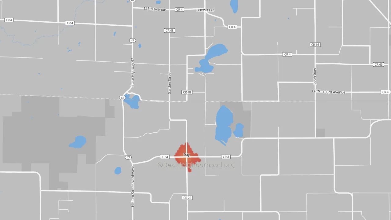 Walk Grade map of Day, MN, walkable areas in green and car-dependent areas in red
