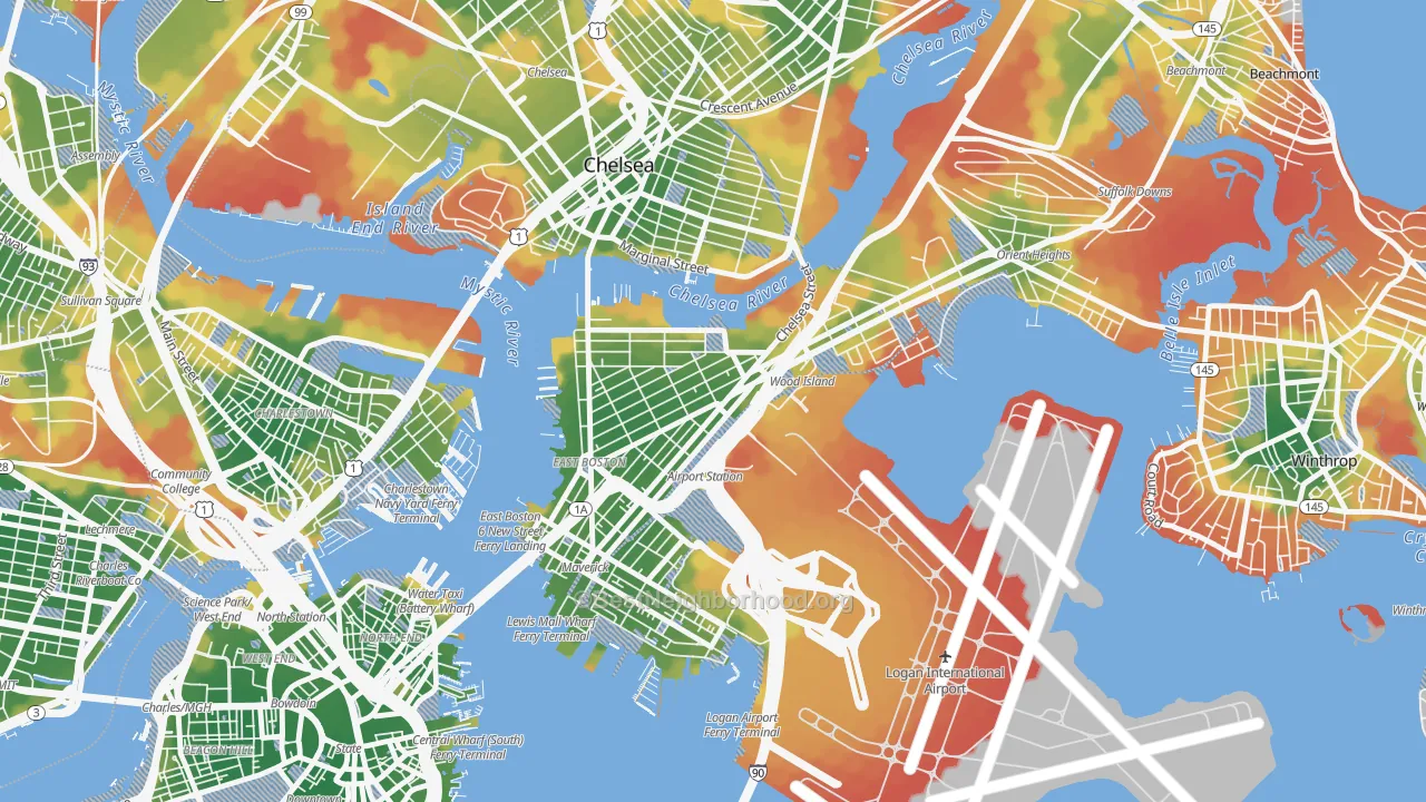 Walk Grade map of Day Square, Boston, MA, walkable areas in green and car-dependent areas in red