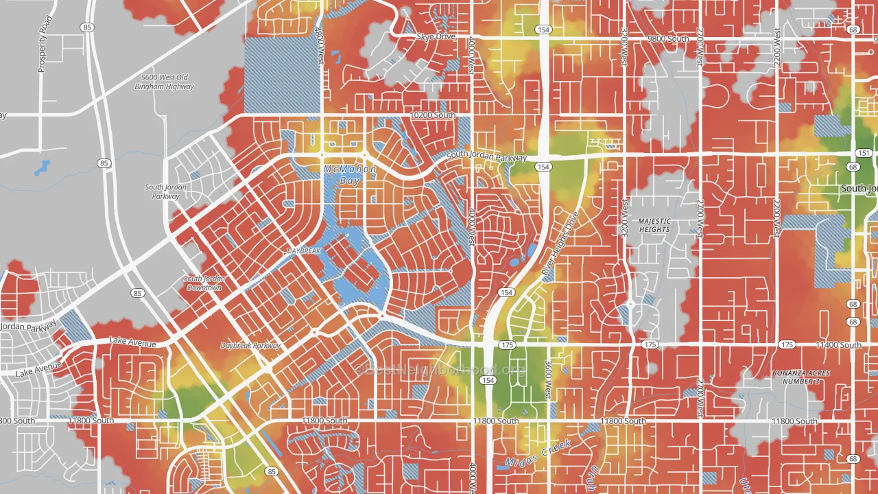 Walk Grade map of Daybreak, South Jordan, UT, walkable areas in green and car-dependent areas in red