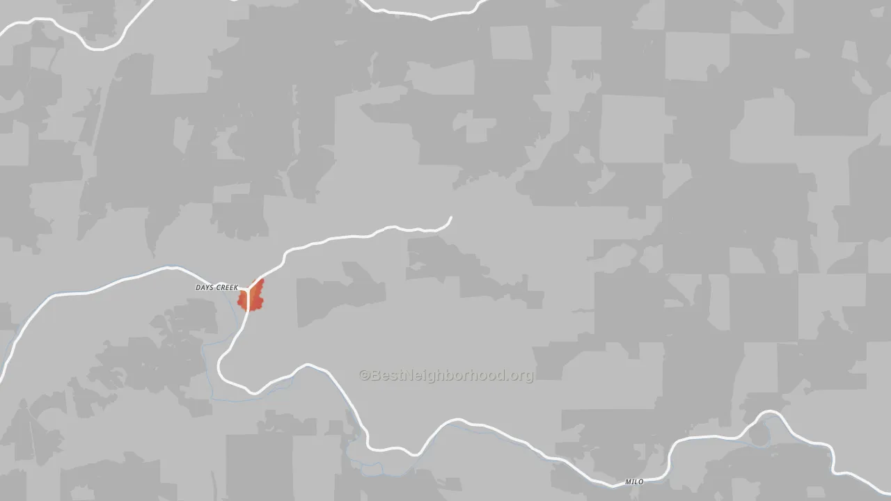 Walk Grade map of Days Creek, OR, walkable areas in green and car-dependent areas in red